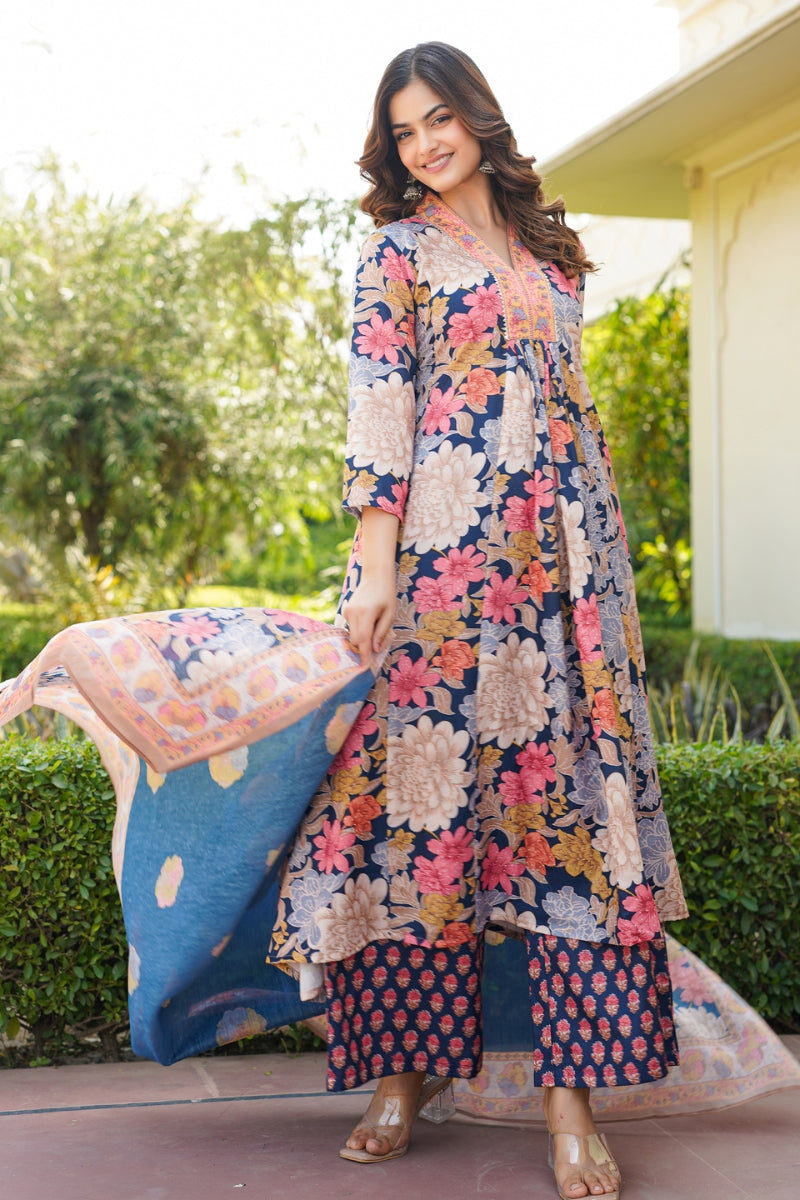 Navy Blue Rayon Blend Floral Printed A-Line Kurta Palazzo With Dupatta | SHOBITAM