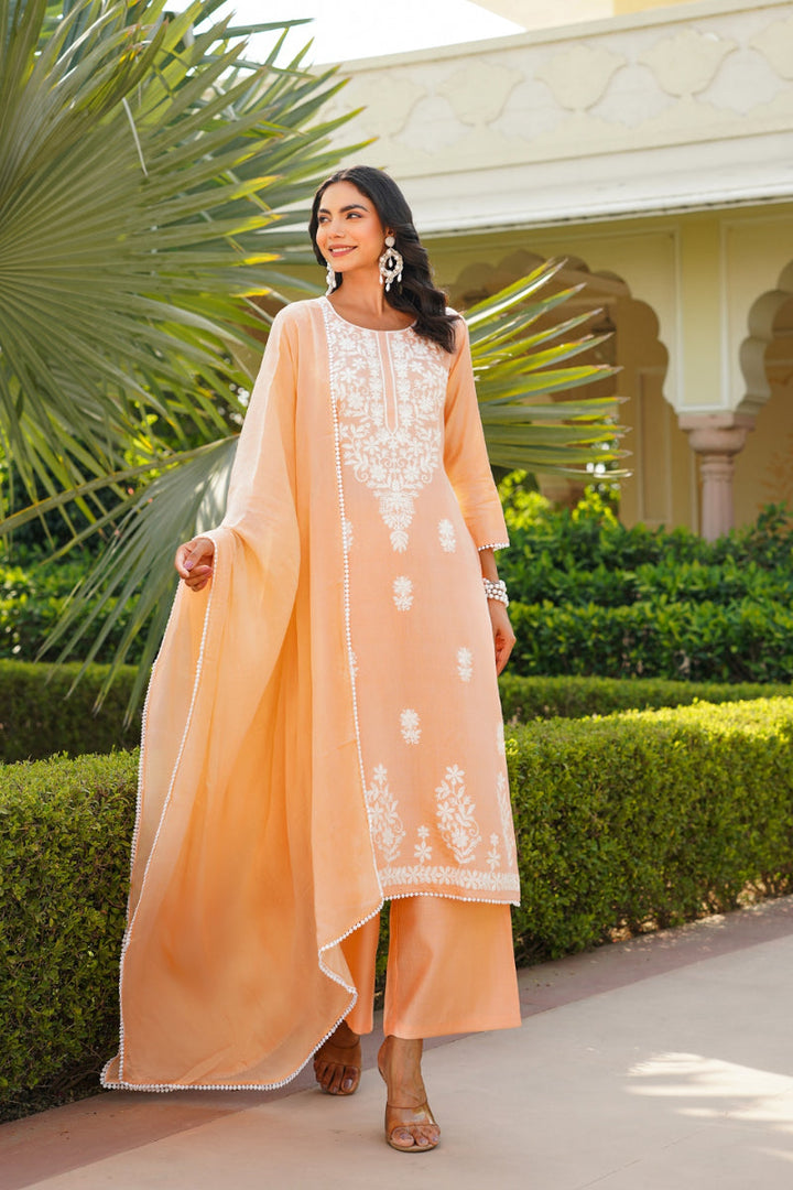 Peach Viscose Solid Embroidered Straight Kurta Palazzo With Dupatta | SHOBITAM