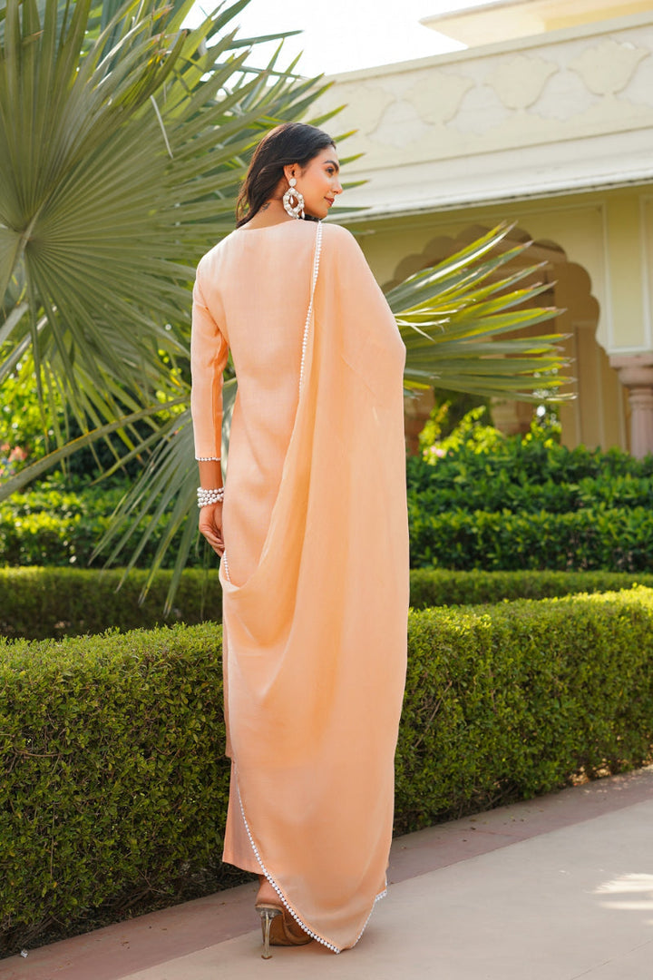 Peach Viscose Solid Embroidered Straight Kurta Palazzo With Dupatta | SHOBITAM