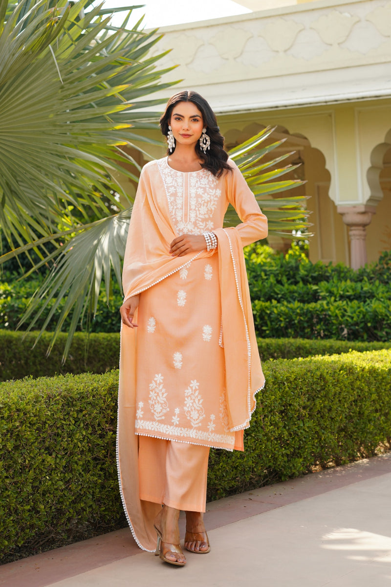 Peach Viscose Solid Embroidered Straight Kurta Palazzo With Dupatta | SHOBITAM