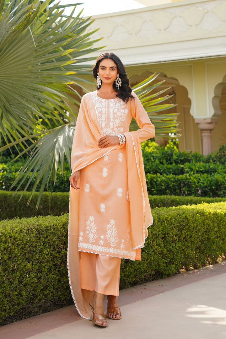 Peach Viscose Solid Embroidered Straight Kurta Palazzo With Dupatta | SHOBITAM