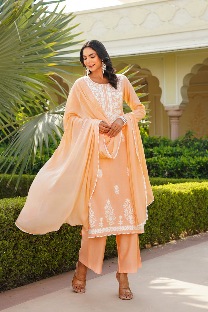 Peach Viscose Solid Embroidered Straight Kurta Palazzo With Dupatta | SHOBITAM