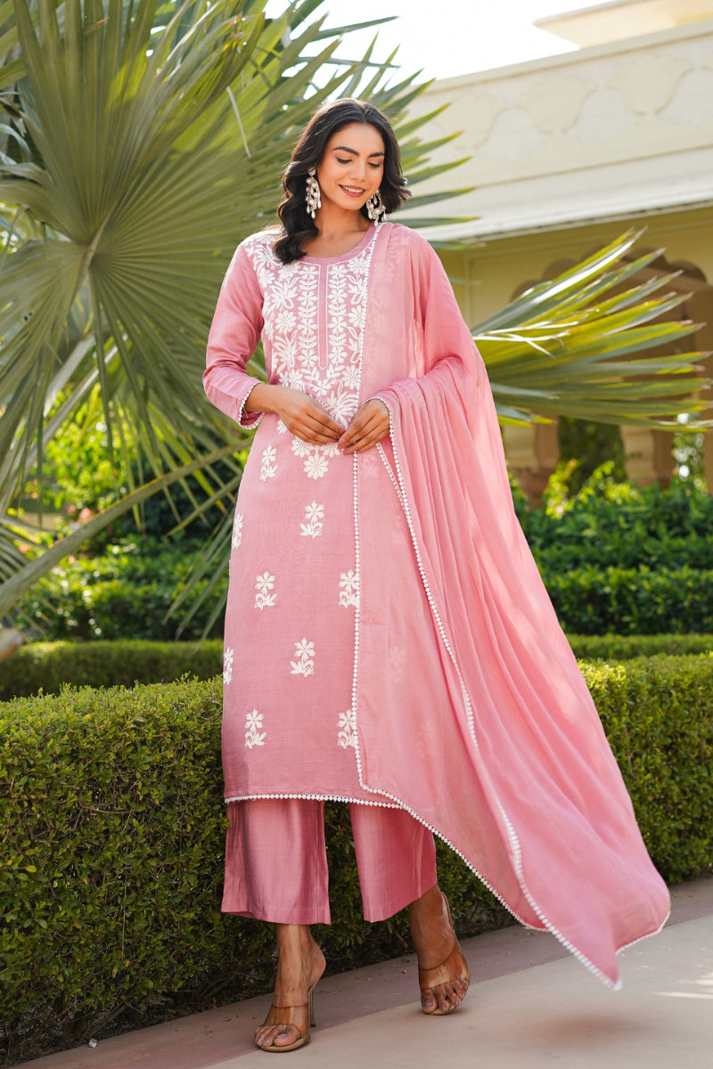 Pink Viscose Solid Embroidered Straight Kurta Palazzo With Dupatta | SHOBITAM