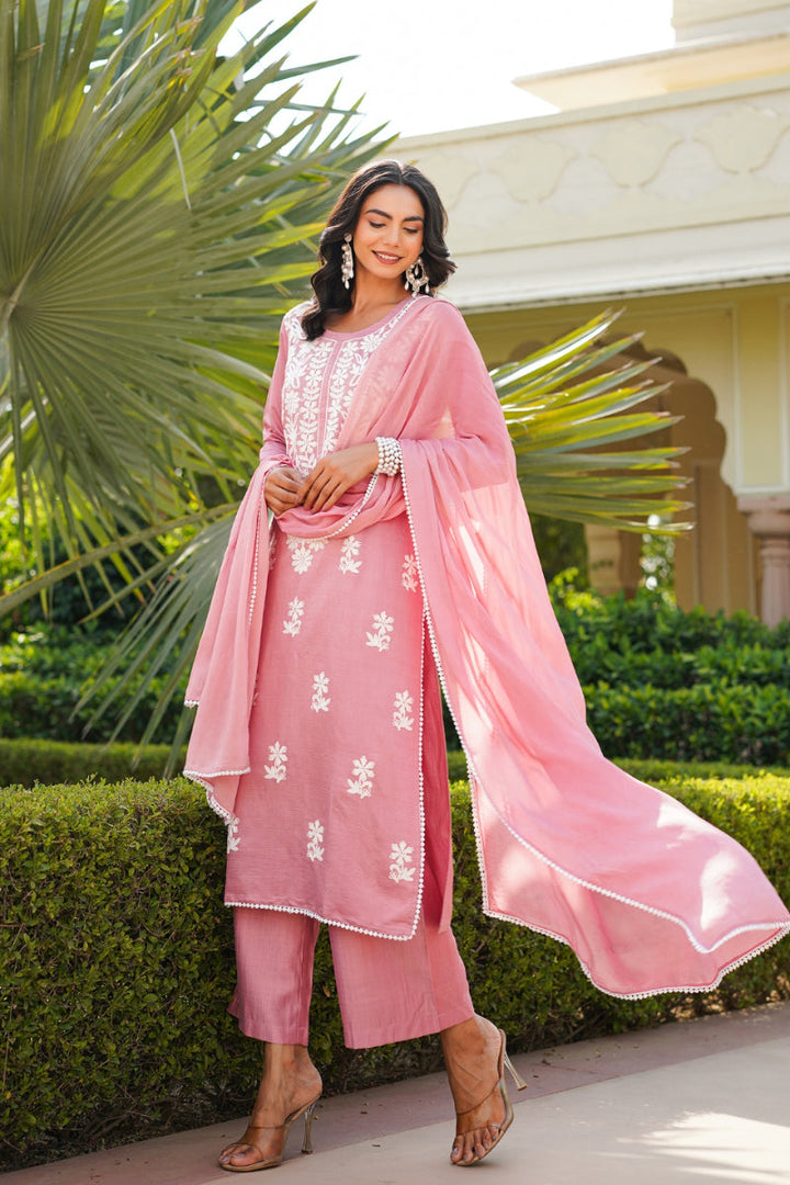 Pink Viscose Solid Embroidered Straight Kurta Palazzo With Dupatta | SHOBITAM