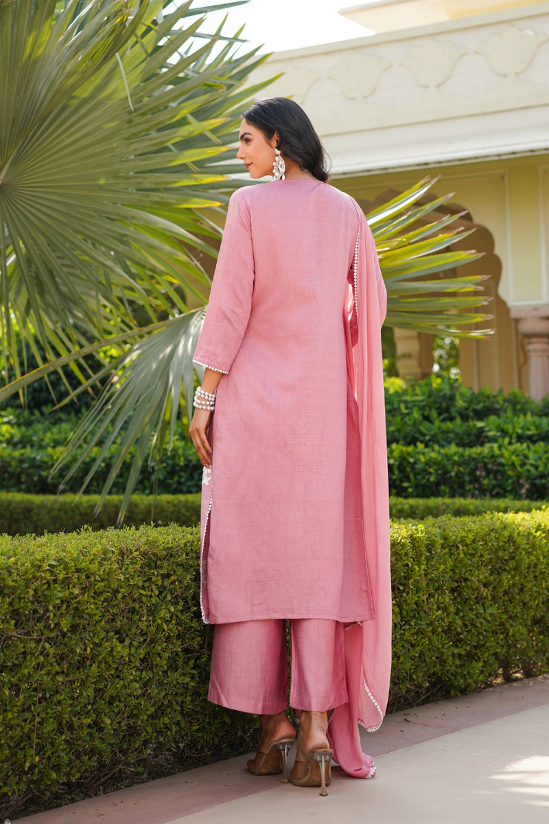 Pink Viscose Solid Embroidered Straight Kurta Palazzo With Dupatta | SHOBITAM