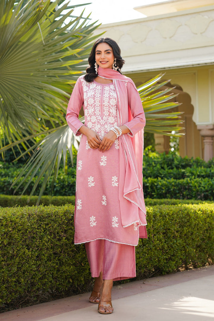 Pink Viscose Solid Embroidered Straight Kurta Palazzo With Dupatta | SHOBITAM