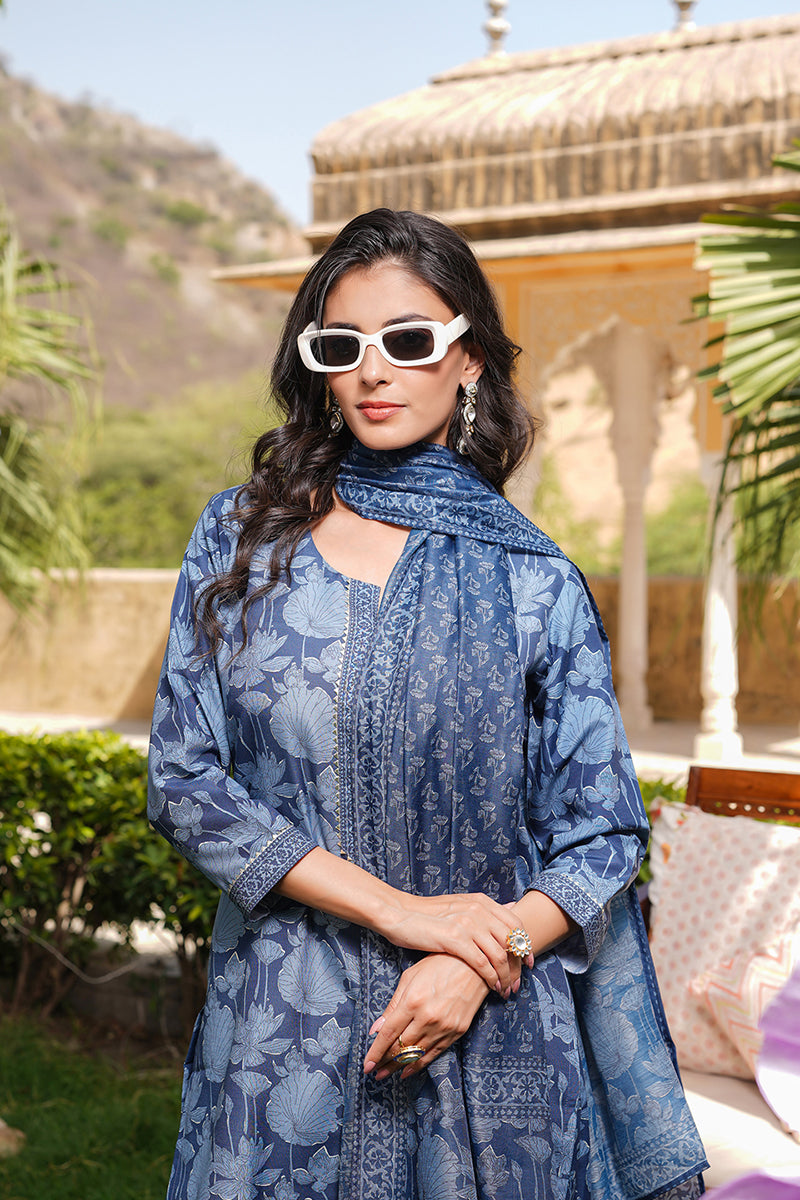 Blue Rayon Blend Floral Printed Straight Kurta Trousers With Dupatta  | SHOBITAM