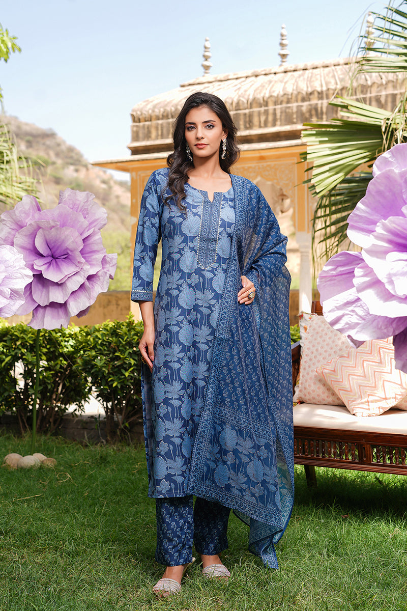 Blue Rayon Blend Floral Printed Straight Kurta Trousers With Dupatta  | SHOBITAM