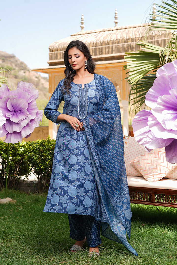 Blue Rayon Blend Floral Printed Straight Kurta Trousers With Dupatta  | SHOBITAM