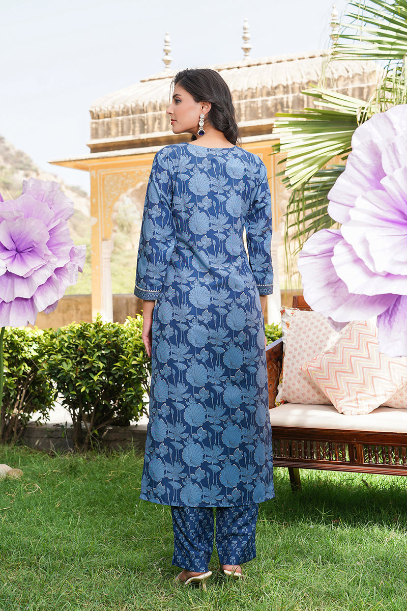 Blue Rayon Blend Floral Printed Straight Kurta Trousers With Dupatta  | SHOBITAM