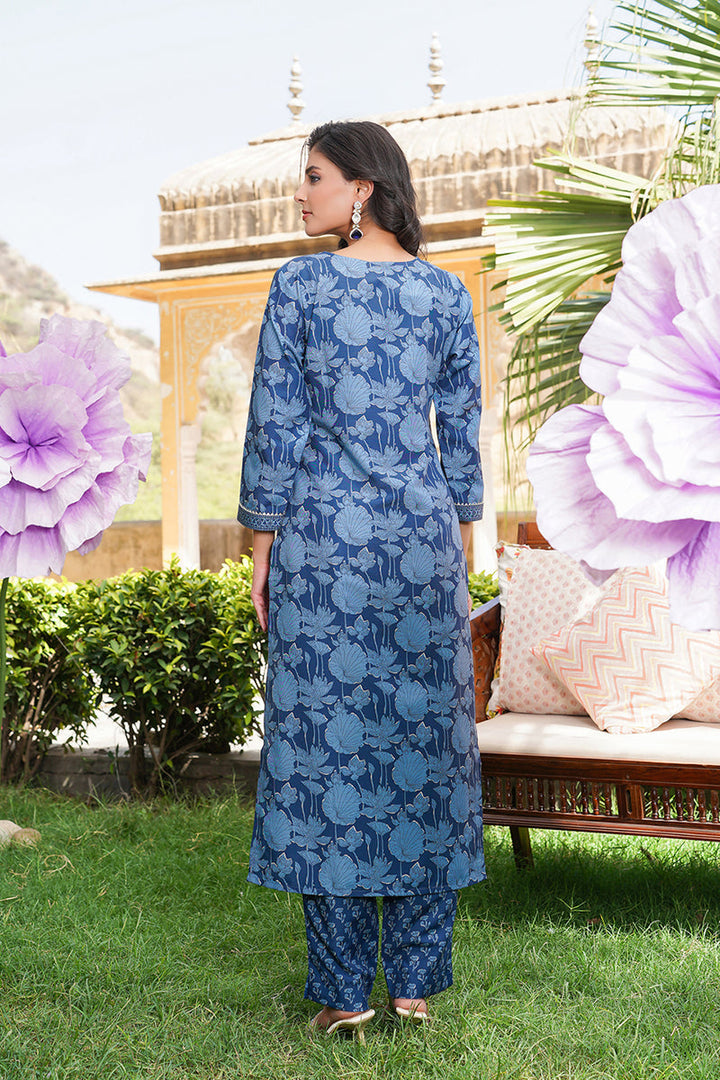 Blue Rayon Blend Floral Printed Straight Kurta Trousers With Dupatta  | SHOBITAM