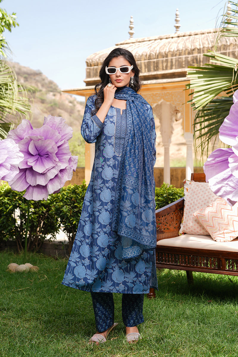 Blue Rayon Blend Floral Printed Straight Kurta Trousers With Dupatta  | SHOBITAM
