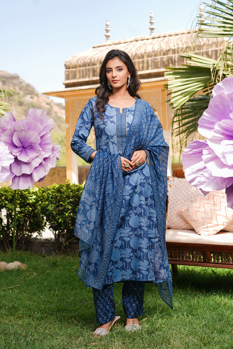 Blue Rayon Blend Floral Printed Straight Kurta Trousers With Dupatta  | SHOBITAM