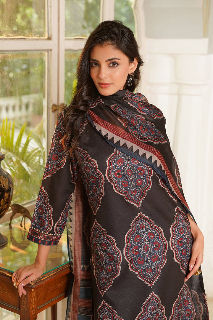 Black Rayon Blend Ethnic Motifs Printed Straight Kurta Trousers With Dupatta | SHOBITAM