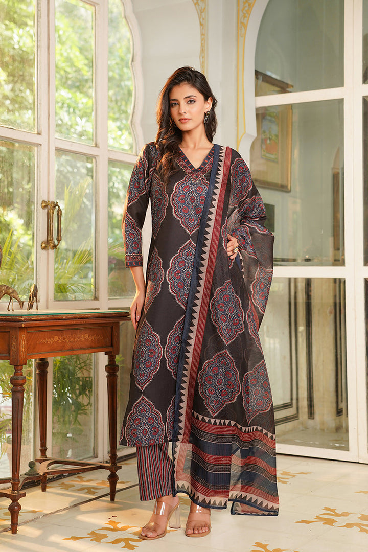 Black Rayon Blend Ethnic Motifs Printed Straight Kurta Trousers With Dupatta | SHOBITAM