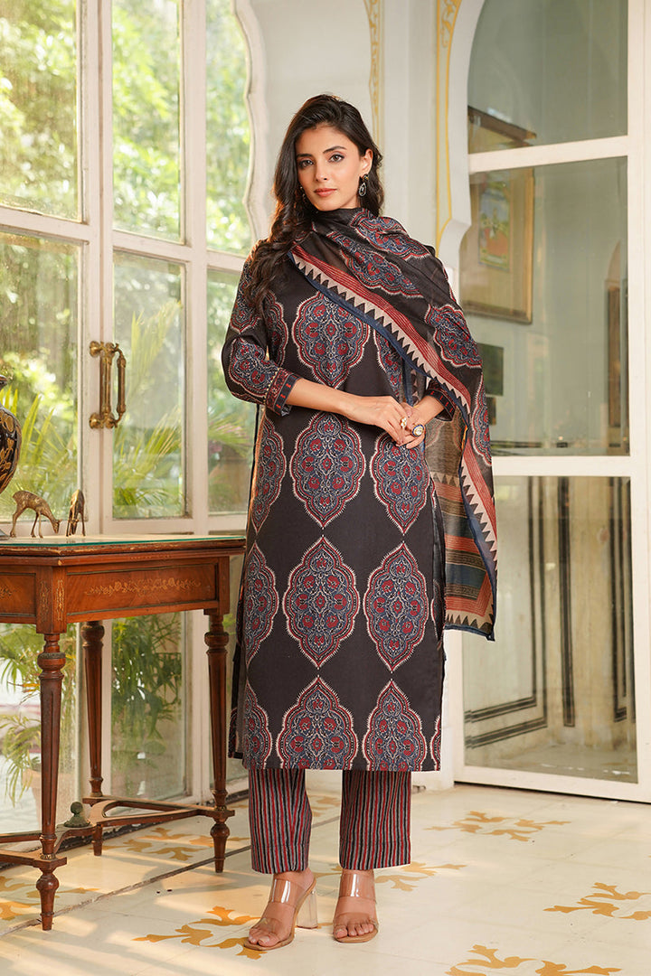 Black Rayon Blend Ethnic Motifs Printed Straight Kurta Trousers With Dupatta | SHOBITAM