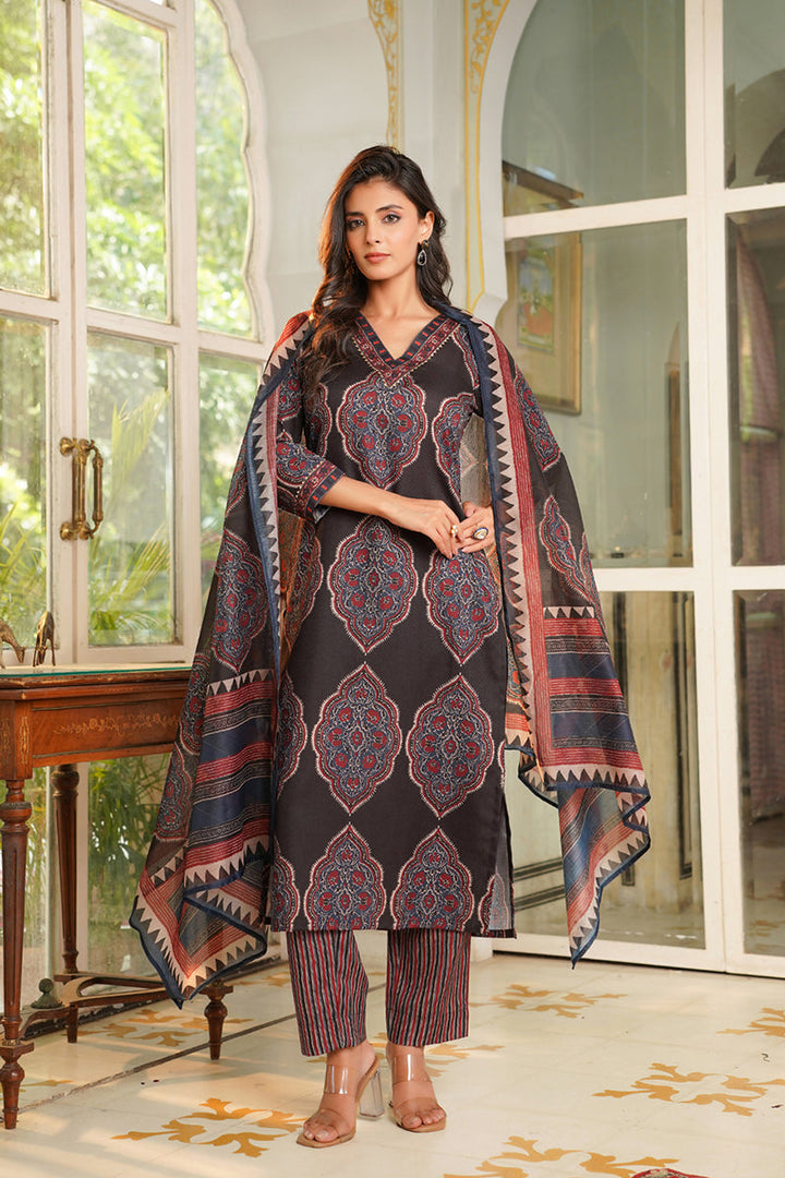 Black Rayon Blend Ethnic Motifs Printed Straight Kurta Trousers With Dupatta | SHOBITAM