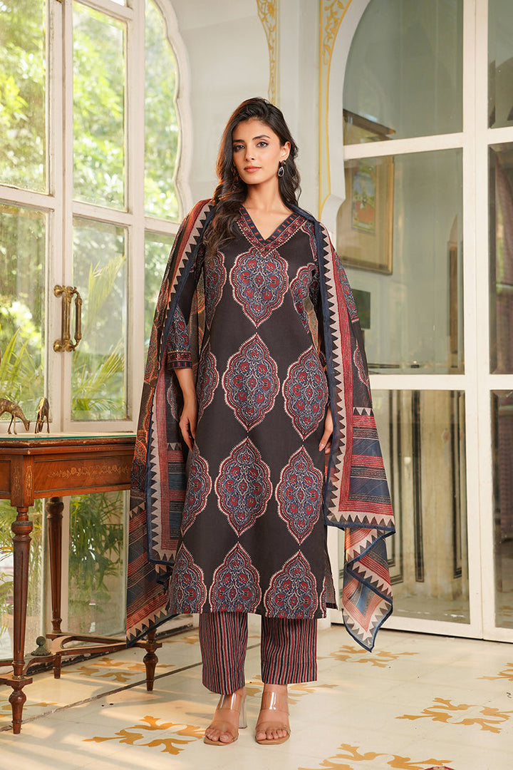 Black Rayon Blend Ethnic Motifs Printed Straight Kurta Trousers With Dupatta | SHOBITAM