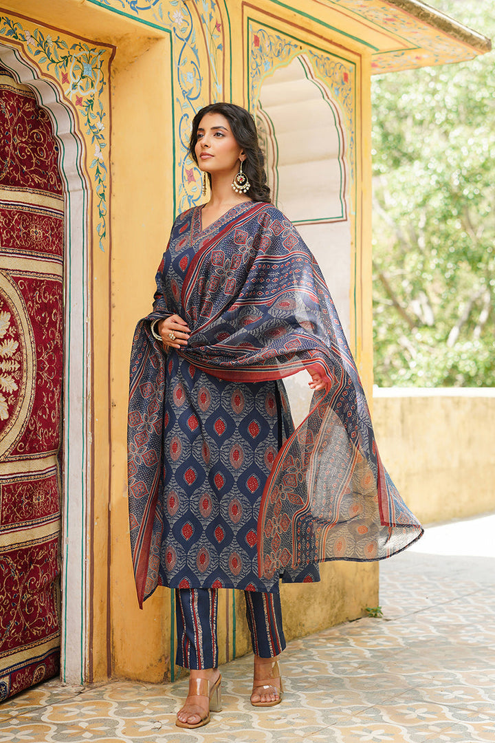 Blue Rayon Blend Ethnic Motifs Printed Straight Kurta Trousers With Dupatta | SHOBITAM