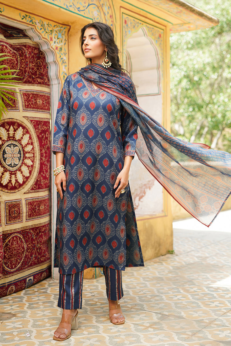 Blue Rayon Blend Ethnic Motifs Printed Straight Kurta Trousers With Dupatta | SHOBITAM