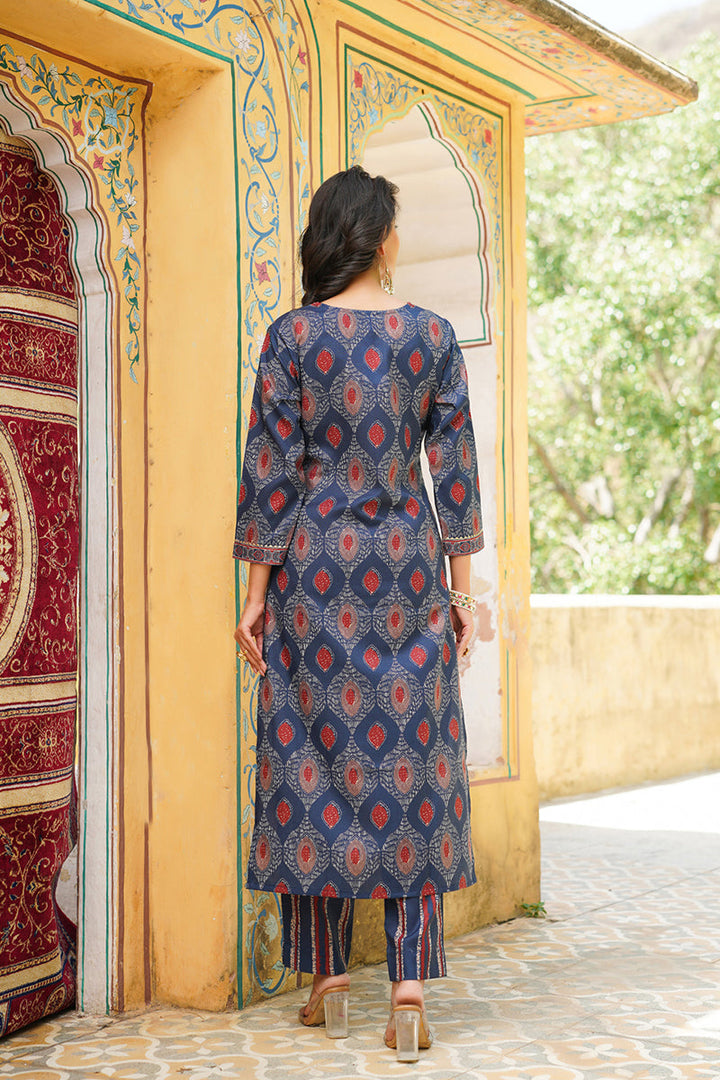 Blue Rayon Blend Ethnic Motifs Printed Straight Kurta Trousers With Dupatta | SHOBITAM
