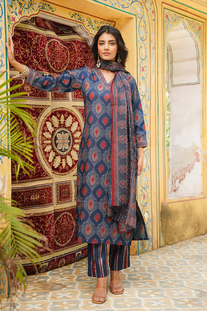 Blue Rayon Blend Ethnic Motifs Printed Straight Kurta Trousers With Dupatta | SHOBITAM