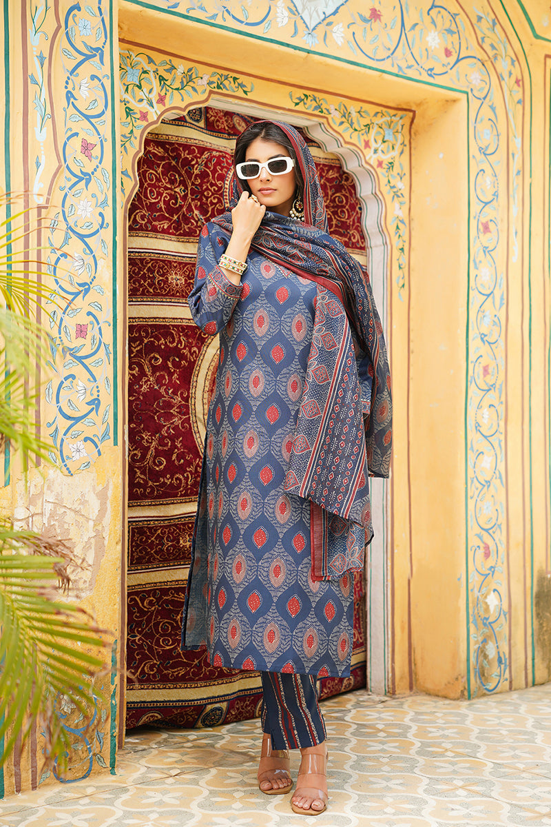Blue Rayon Blend Ethnic Motifs Printed Straight Kurta Trousers With Dupatta | SHOBITAM