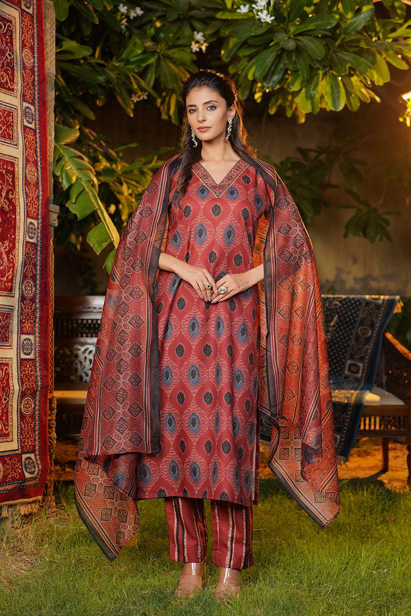Maroon Rayon Blend Ethnic Motifs Printed Straight Kurta Trousers With Dupatta  |SHOBITAM