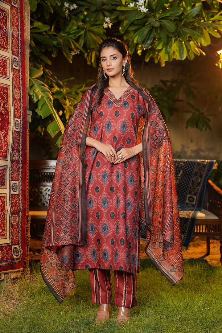 Maroon Rayon Blend Ethnic Motifs Printed Straight Kurta Trousers With Dupatta  |SHOBITAM