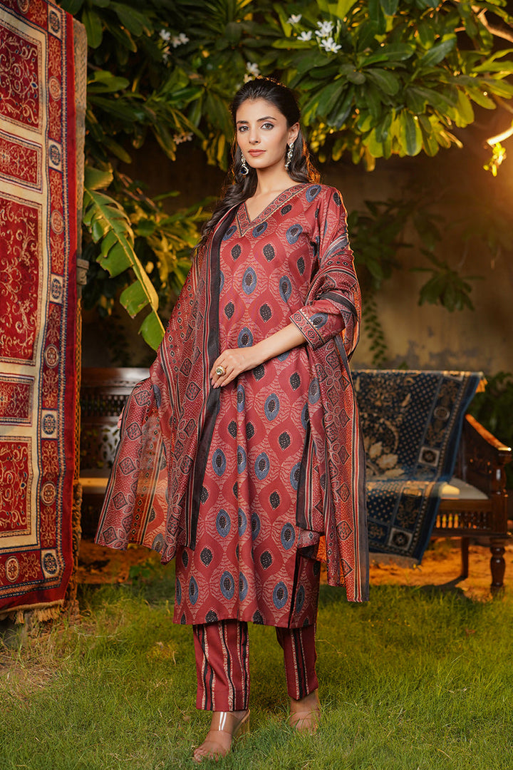 Maroon Rayon Blend Ethnic Motifs Printed Straight Kurta Trousers With Dupatta  |SHOBITAM