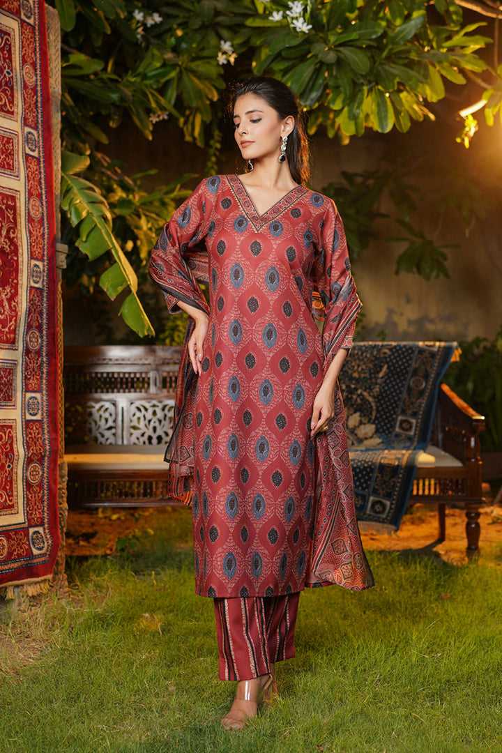 Maroon Rayon Blend Ethnic Motifs Printed Straight Kurta Trousers With Dupatta  |SHOBITAM