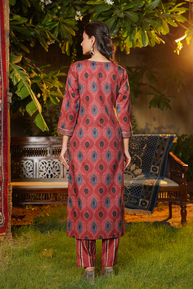 Maroon Rayon Blend Ethnic Motifs Printed Straight Kurta Trousers With Dupatta  |SHOBITAM