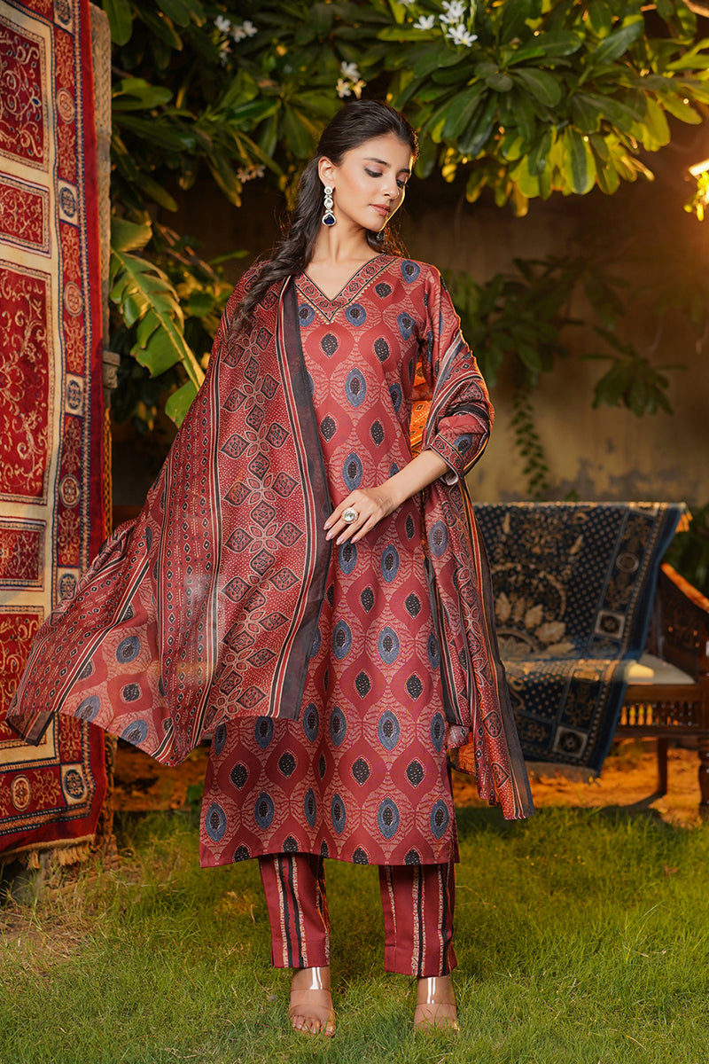 Maroon Rayon Blend Ethnic Motifs Printed Straight Kurta Trousers With Dupatta  |SHOBITAM