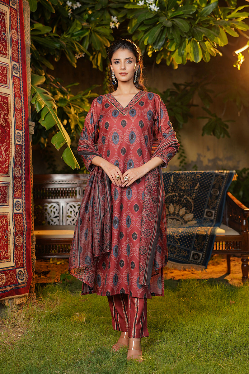 Maroon Rayon Blend Ethnic Motifs Printed Straight Kurta Trousers With Dupatta  |SHOBITAM