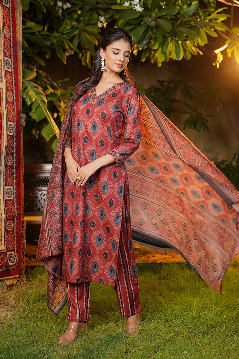 Maroon Rayon Blend Ethnic Motifs Printed Straight Kurta Trousers With Dupatta  |SHOBITAM