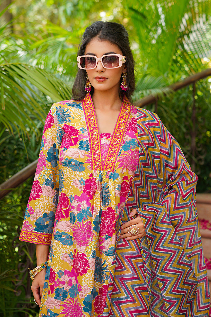 Yellow Rayon Blend Floral Printed Straight Kurta Palazzos With Dupatta | SHOBITAM