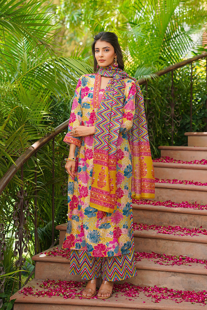 Yellow Rayon Blend Floral Printed Straight Kurta Palazzos With Dupatta | SHOBITAM