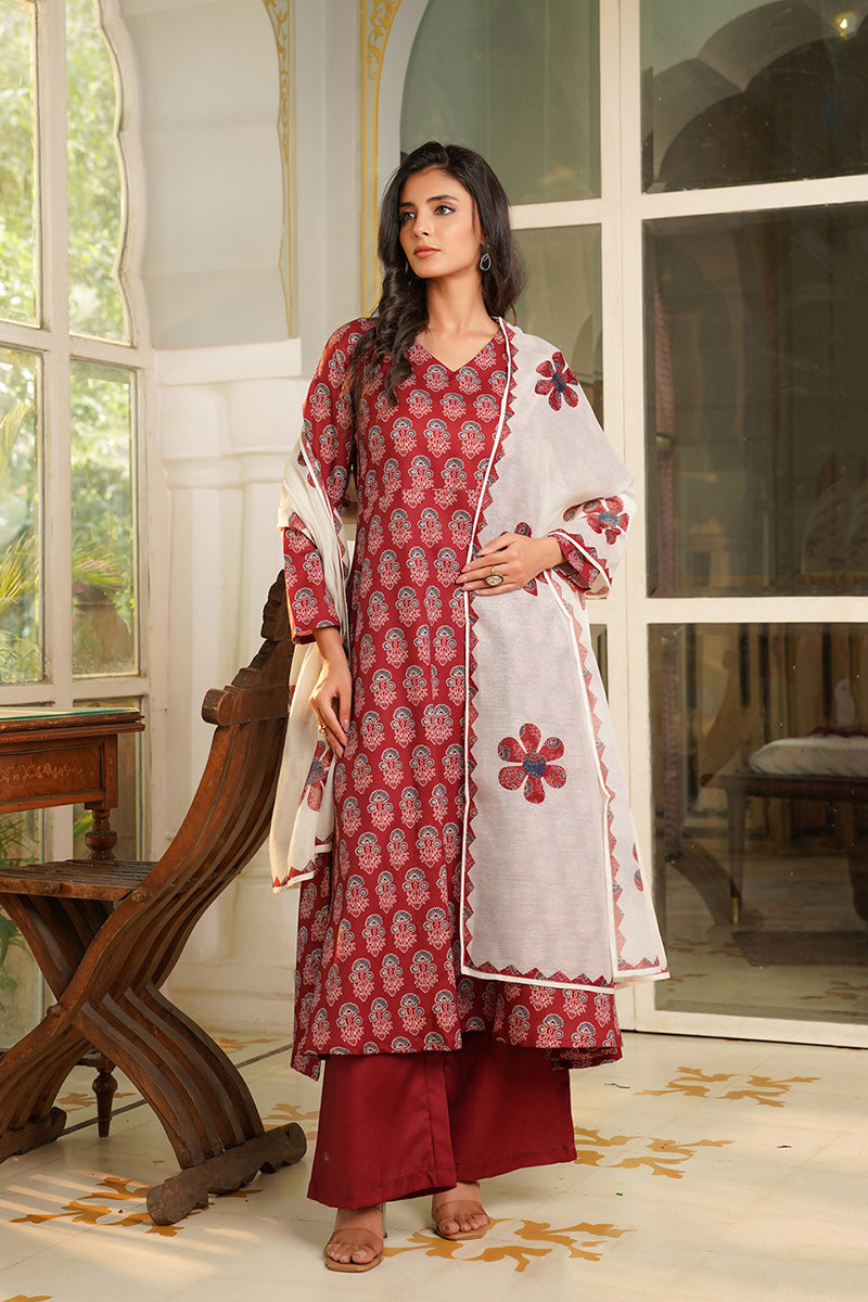 Maroon Rayon Blend Floral Printed A-Line Kurta Palazzos With Dupatta | SHOBITAM