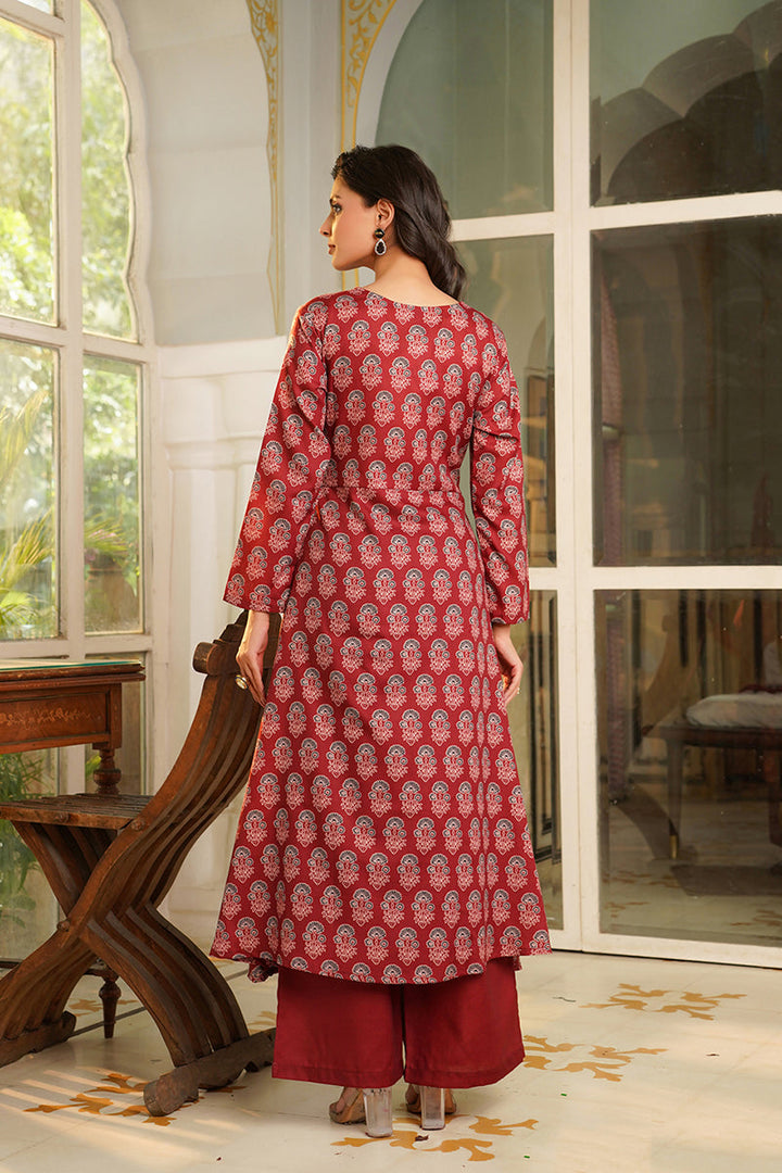 Maroon Rayon Blend Floral Printed A-Line Kurta Palazzos With Dupatta | SHOBITAM