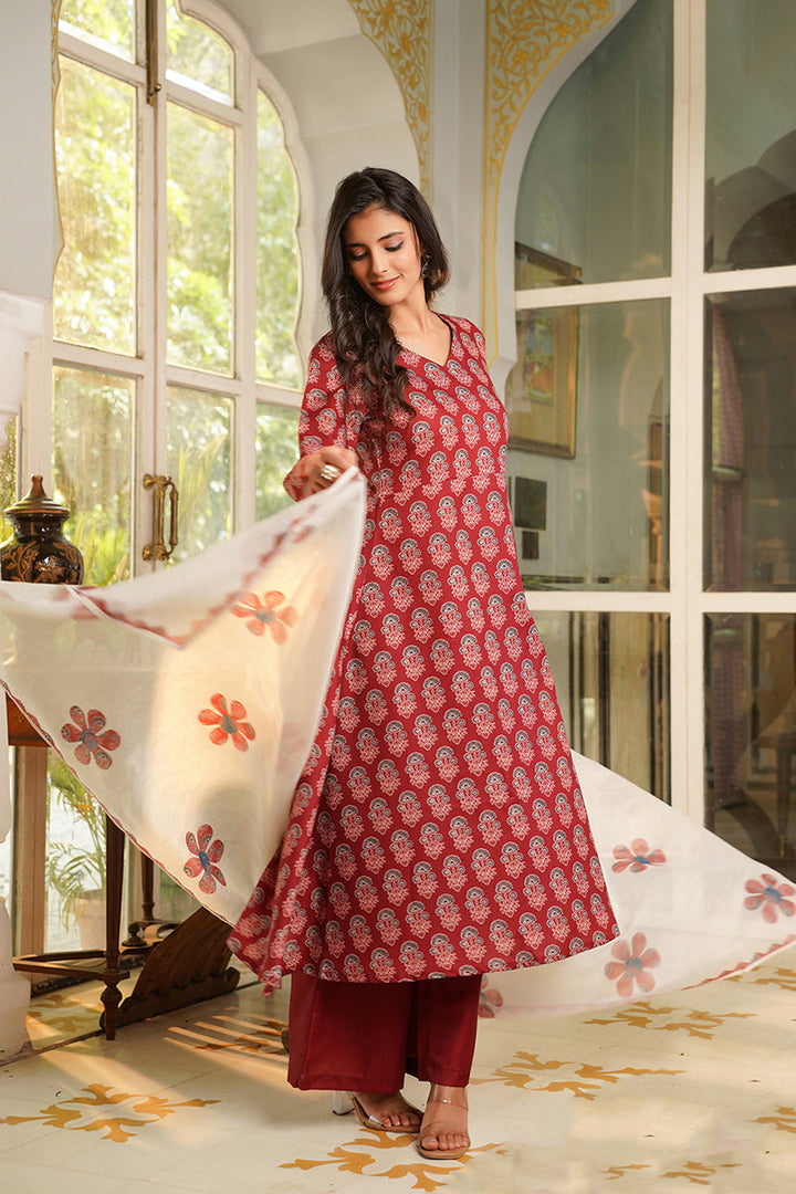 Maroon Rayon Blend Floral Printed A-Line Kurta Palazzos With Dupatta | SHOBITAM