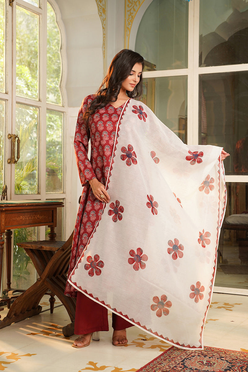 Maroon Rayon Blend Floral Printed A-Line Kurta Palazzos With Dupatta | SHOBITAM