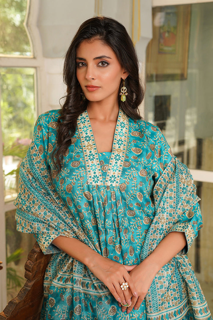 Turquoise Blue Rayon Blend Floral Printed Straight Kurta Trouser with Dupatta | SHOBITAM