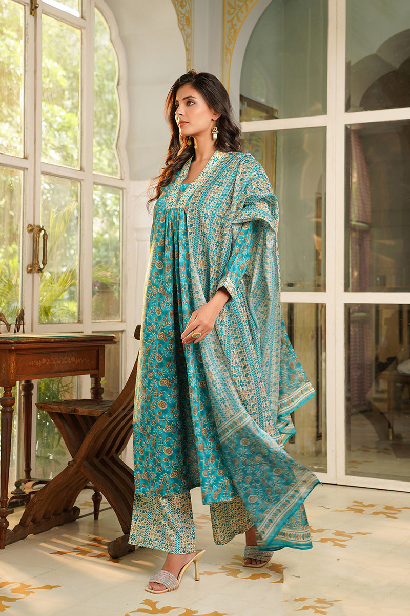 Turquoise Blue Rayon Blend Floral Printed Straight Kurta Trouser with Dupatta | SHOBITAM