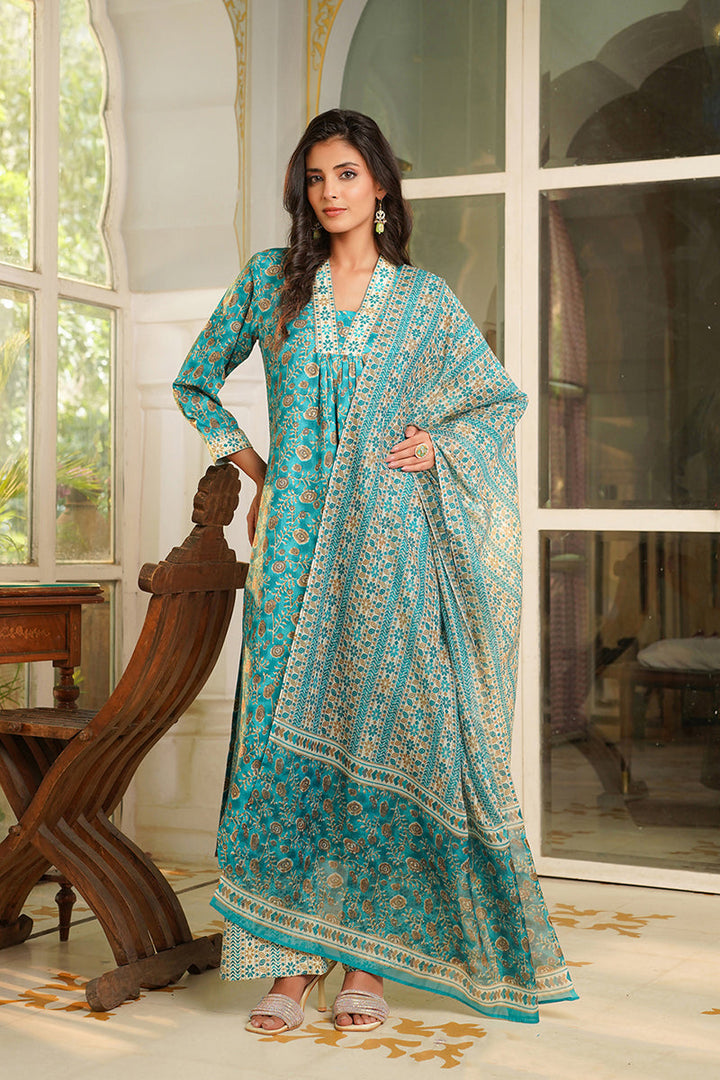 Turquoise Blue Rayon Blend Floral Printed Straight Kurta Trouser with Dupatta | SHOBITAM