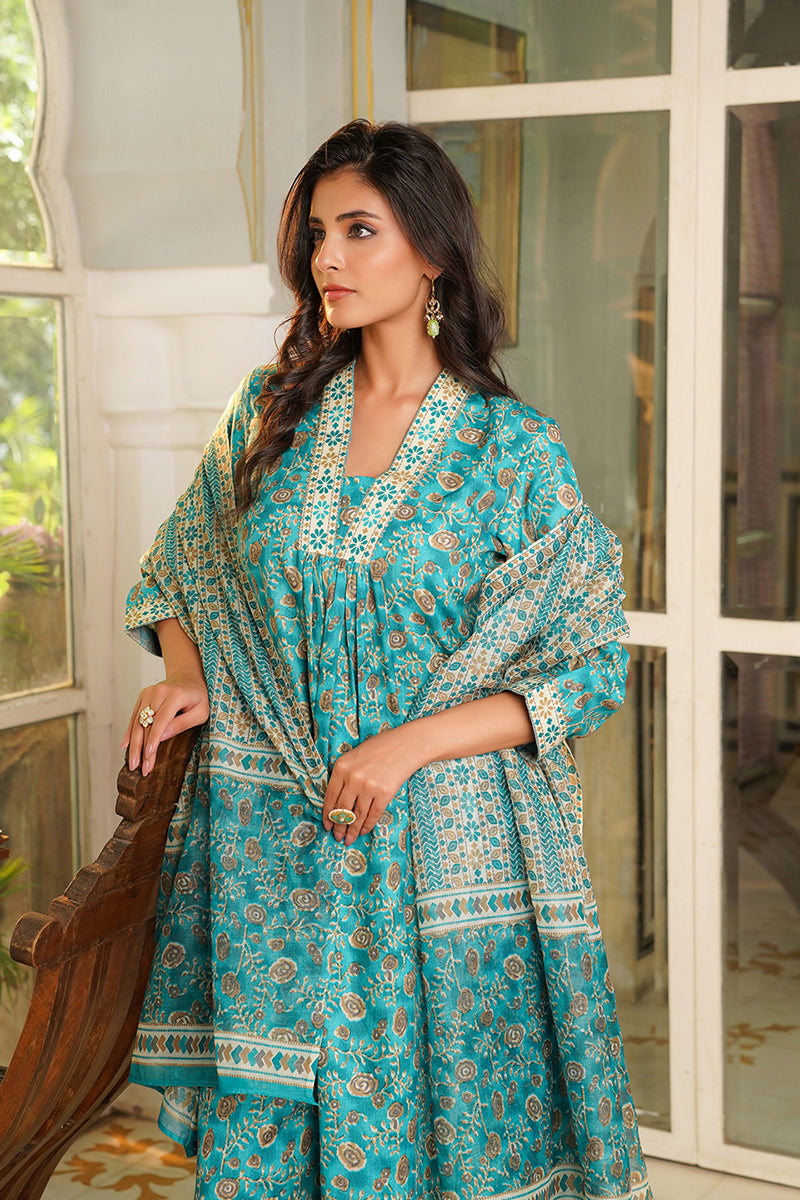 Turquoise Blue Rayon Blend Floral Printed Straight Kurta Trouser with Dupatta | SHOBITAM