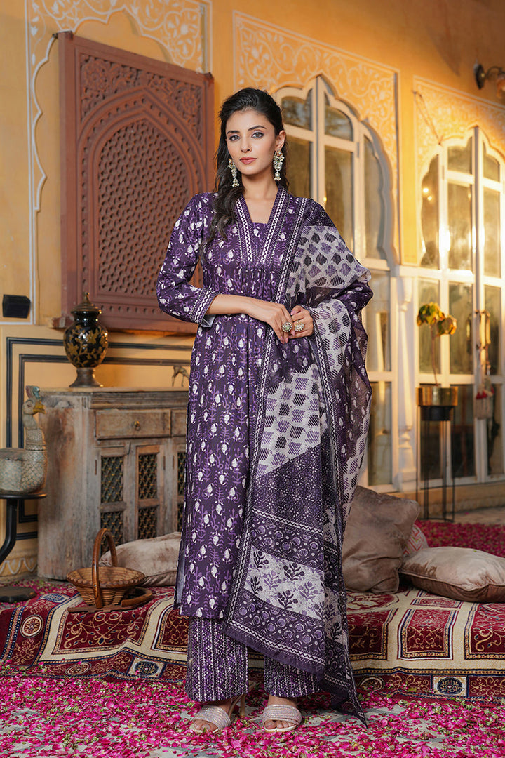 Purple Rayon Blend Batik Printed Straight Kurta Palazzos With Dupatta | SHOBITAM