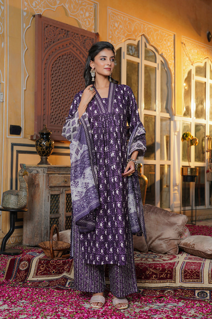 Purple Rayon Blend Batik Printed Straight Kurta Palazzos With Dupatta | SHOBITAM