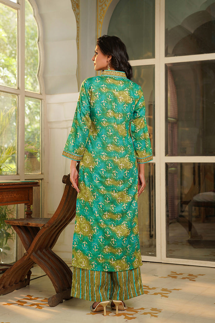 Green Rayon Blend Ethnic Motifs Printed Straight Kurta Palazzos With Dupatta | SHOBITAM