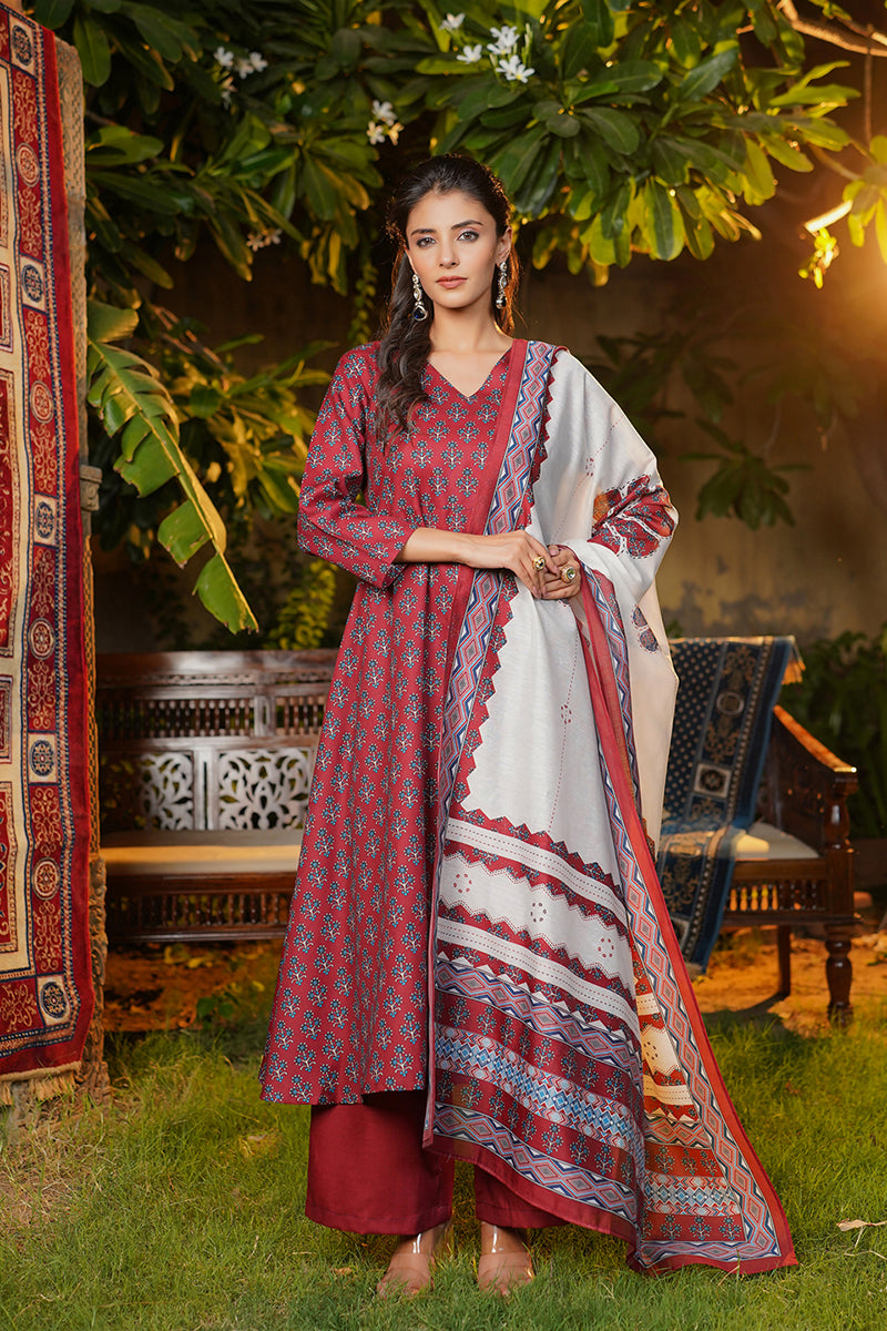 Maroon Rayon Blend Floral Printed A-Line Kurta Palazzos With Dupatta | SHOBITAM