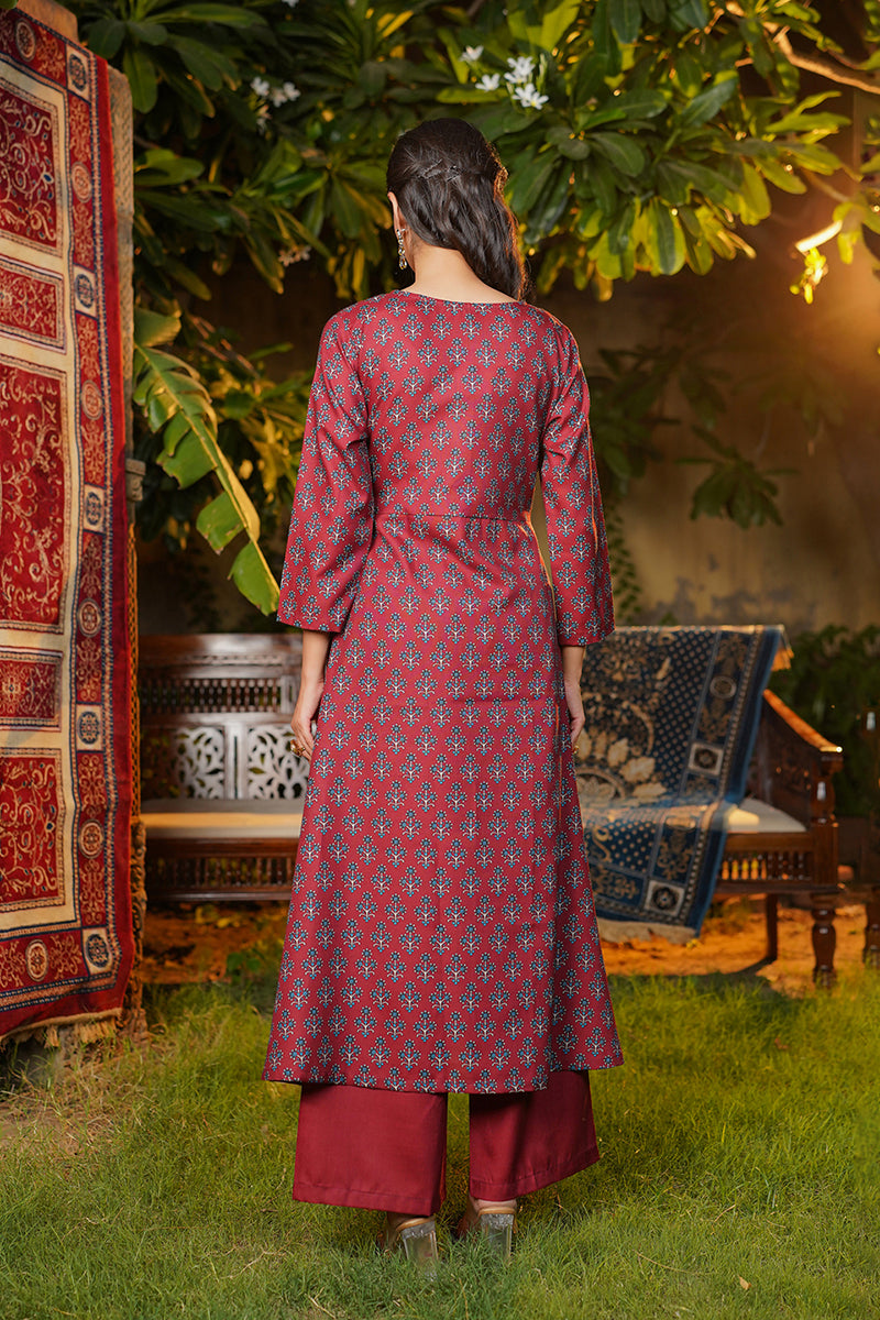 Maroon Rayon Blend Floral Printed A-Line Kurta Palazzos With Dupatta | SHOBITAM